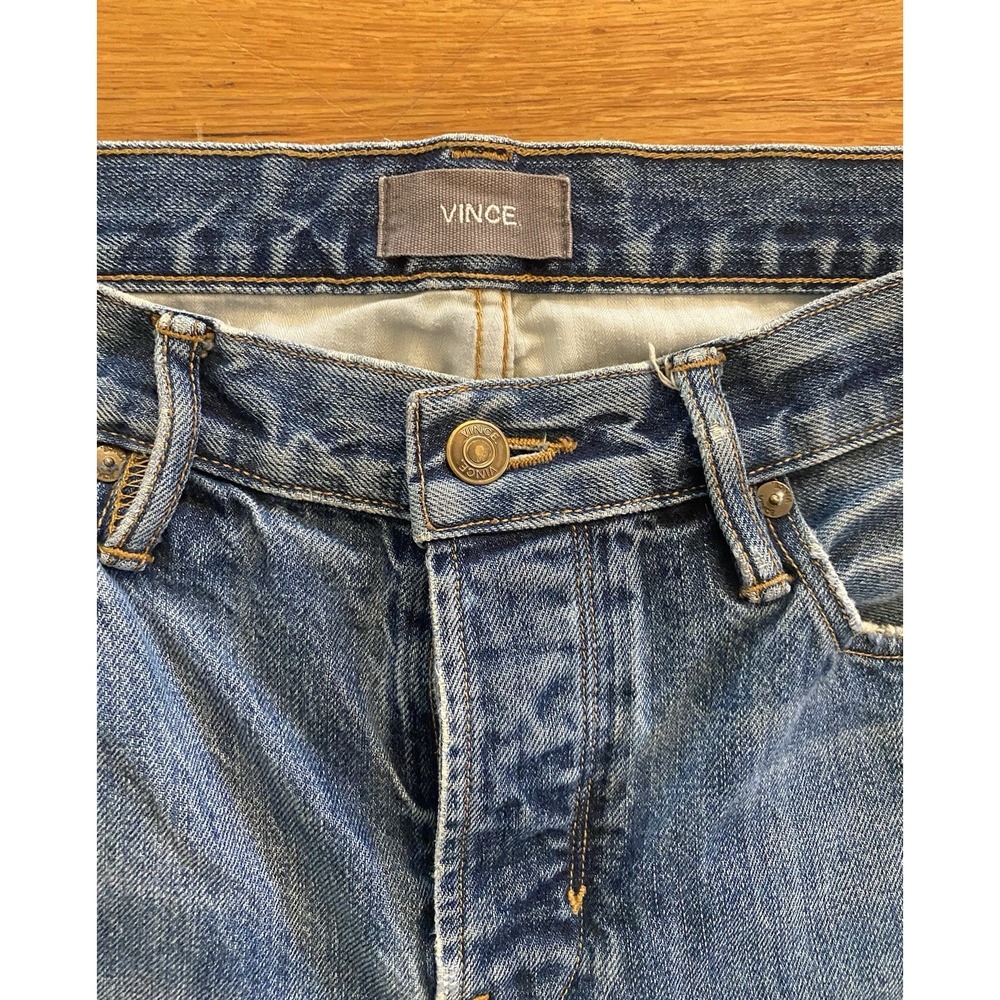VINCE. Jeans Mens 32x33 Medium Wash USA Made Straight Button Fly Distressed - Picture 2 of 14
